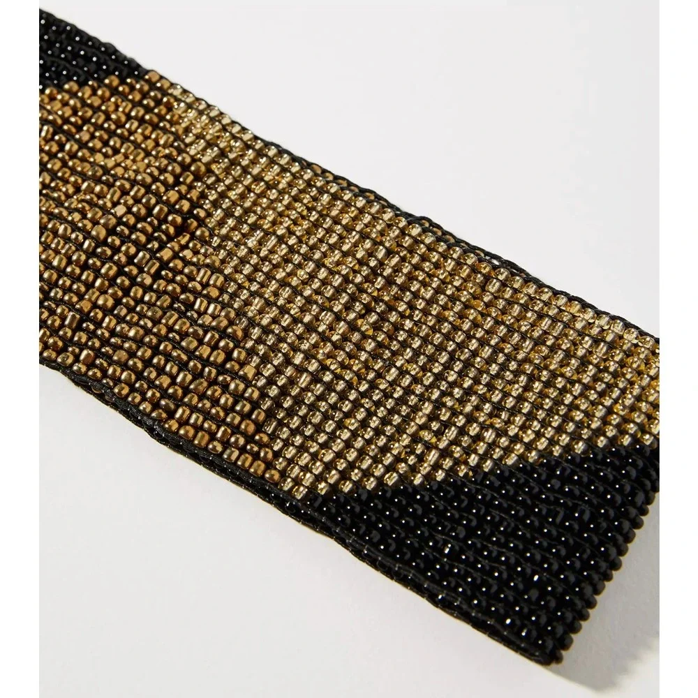 Anthropologie Cocobelle Beaded Elastic Belt Black Bronze Geometric  Boho - Picture 3 of 6